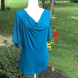 Cable and Gauge Cottage Lace Cowl Neck Teal Blue Tunic Size L